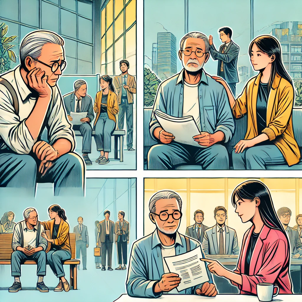 고령 근로자들이 일자리 감소로 고민하는 모습과, 직장에서 활기차게 일하는 모습, 그리고 고용지원으로 인정받는 모습