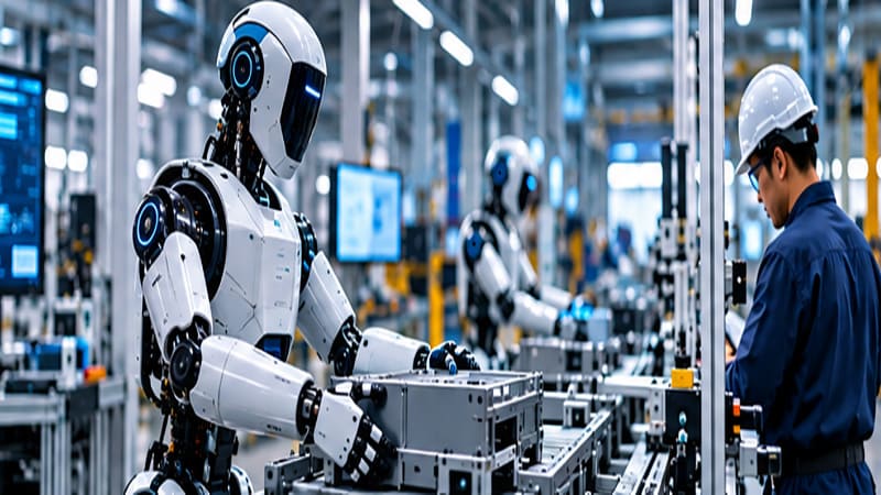 <img src=&rdquo;humanoid-robot-manufacturing-factory.jpg&rdquo; alt=&rdquo;현대적인 제조 공장에서 엔지니어들과 함께 작업하는 휴머노이드 로봇&rdquo;>