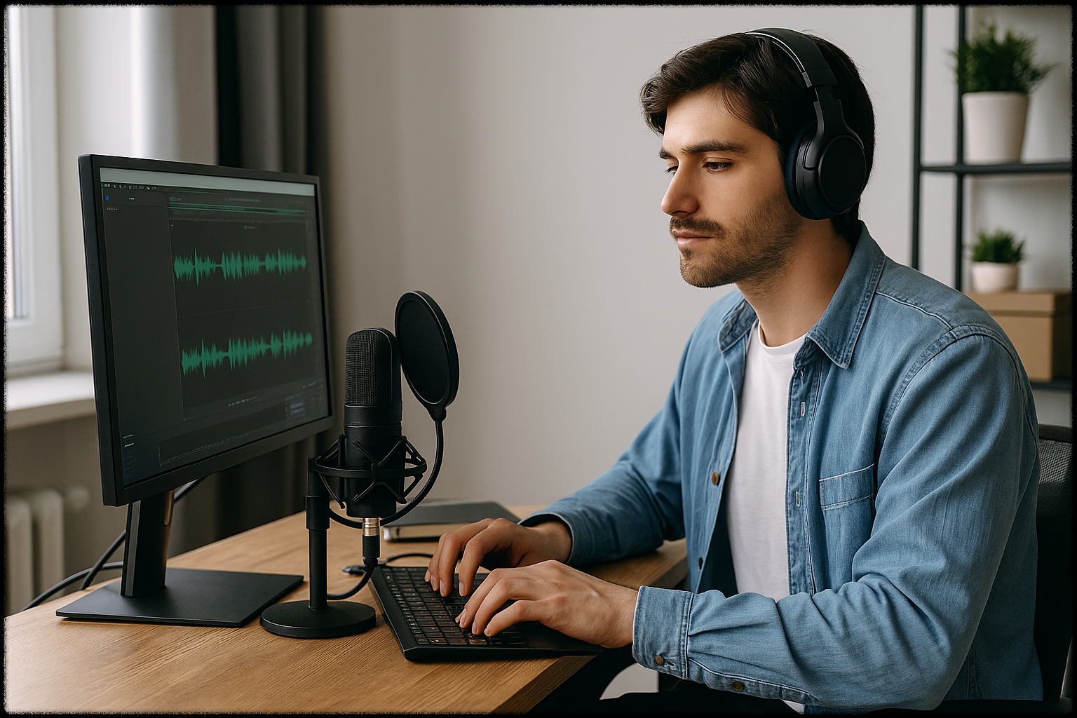 헤드셋을 쓰고 음성 편집 프로그램으로 더빙 콘텐츠를 제작 중인 남성