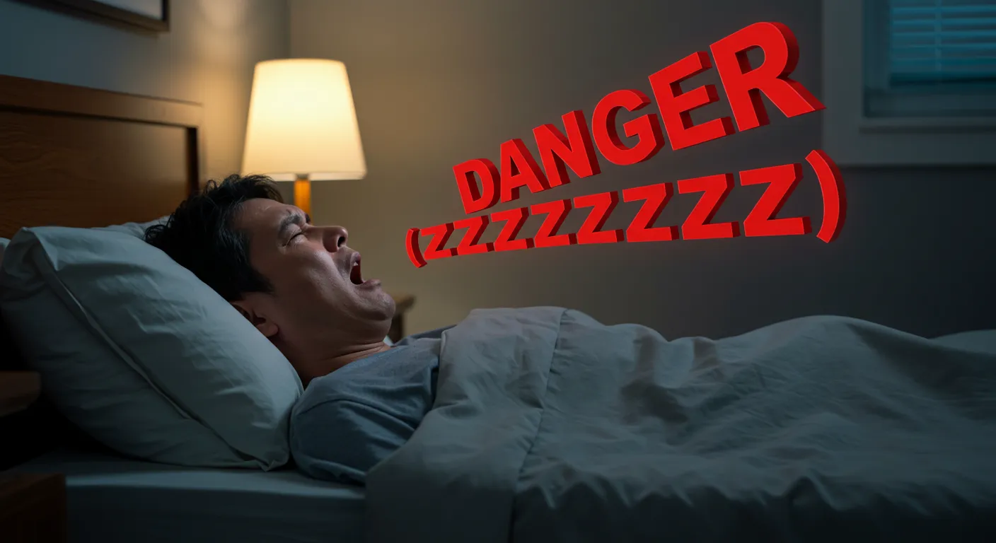 심하게 입을 벌리고 코를 고는 중년 남성의 모습 위로 'DANGER'와 'ZZZZZZZ'라는 빨간색 3D 경고 문구가 강조된 사진. 수면 무호흡증의 위험성을 상징함.