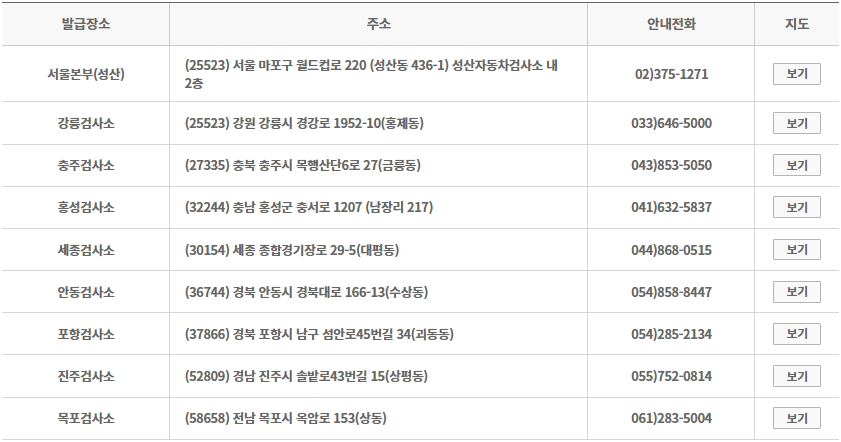 버스운전자격증 (재)발급 운전정밀검사장 및 자동차검사소별 장소