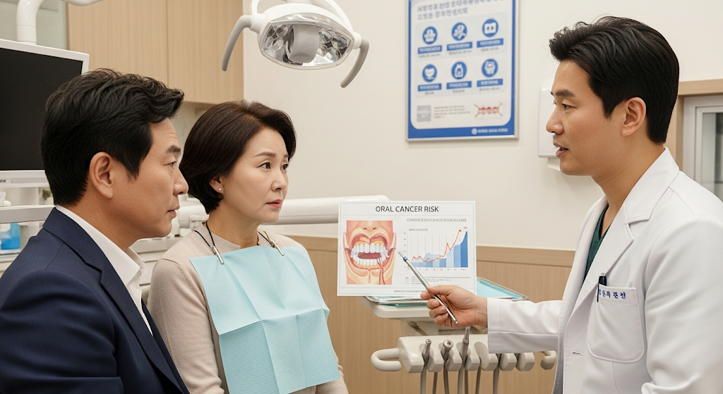 현대 치과 진료실에서 50대 한국인 부부가 구강 건강 상담을 받는 장면