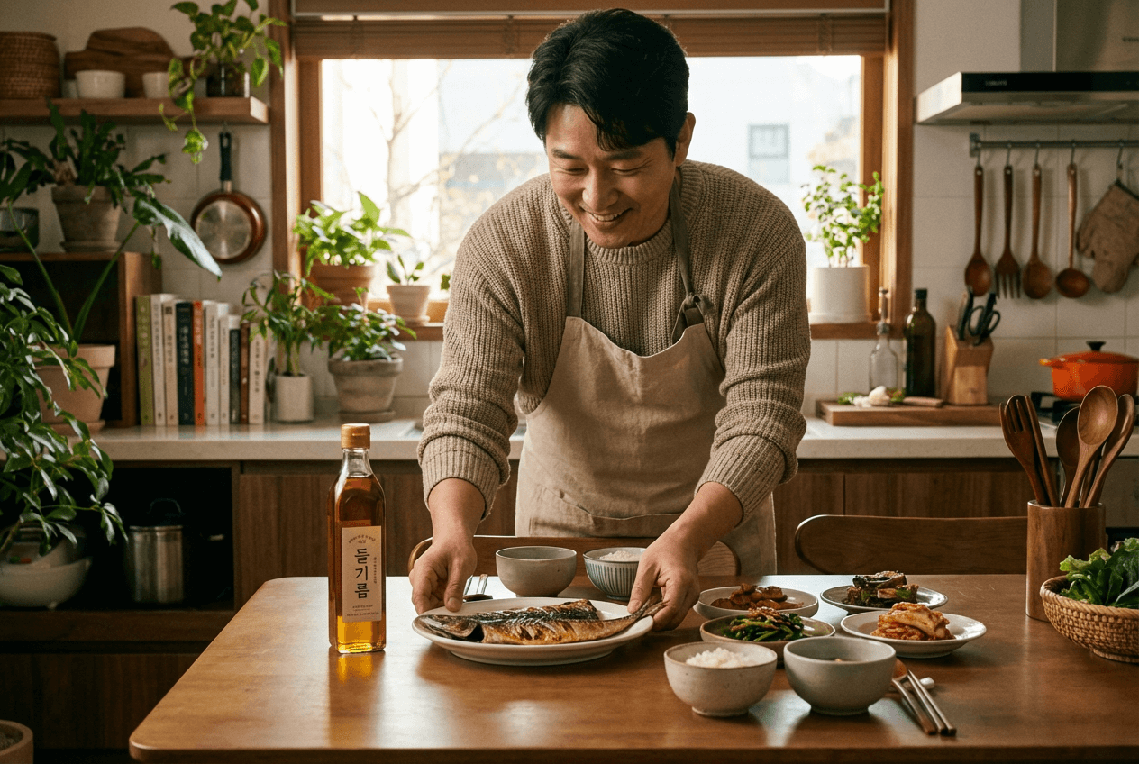 등푸른 생선 구이와 들기름 한 병이 식탁 위에 놓인 모습, 40대 남성이 배경에서 식사 준비 중, 따뜻한 저녁 자연광