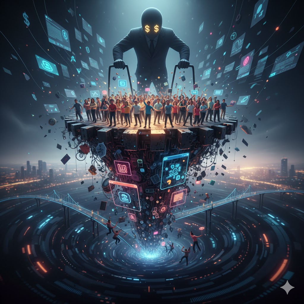 눈이 달러 기호($$)로 빛나는 거대한 정장 차림의 인물이 공중에 뜬 디지털 플랫폼을 레버로 조종하고 있어요. 플랫폼 위에는 수많은 사용자 군중이 모여 있고, 그 하부는 복잡한 전선과 스크린으로 얽혀 있어요. 일부 사람들은 이 플랫폼에서 떨어져 아래의 빛나는 소용돌이 속으로 추락하고 있어요. 이는 플랫폼이 사용자를 가두고 이익을 위해 조종하며 결국 사용자들이 이탈하는 엔시티피케이션 현상을 상징적으로 보여줘요.