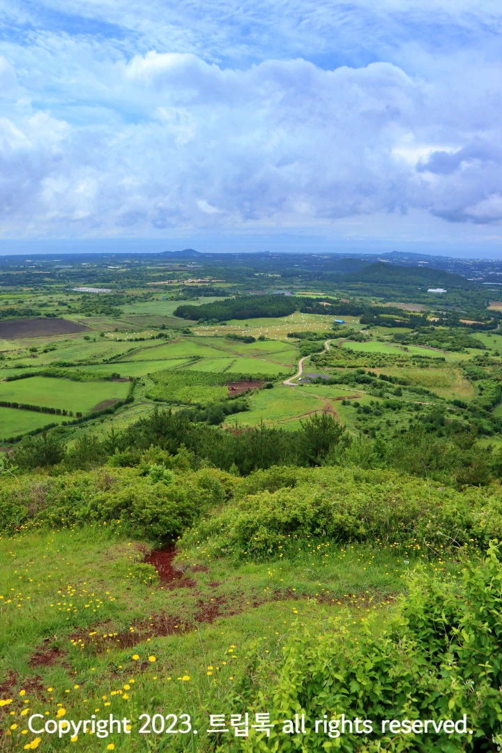 뭉게구름 아래 구간이 불규칙하게 나눠진 밭들이 보인다.
