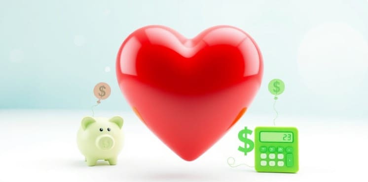 국민건강보험세금 절약 상징으로 저금통과 계산기와 하트가 있습니다.