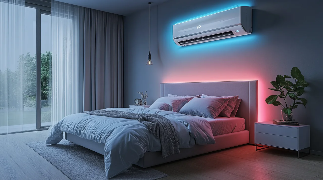 세련된 디자인의 에어컨이 조화를 이루며 고급스러운 침실 인테리어와 어우러져 안락한 여름 잠자리를 제공합니다.