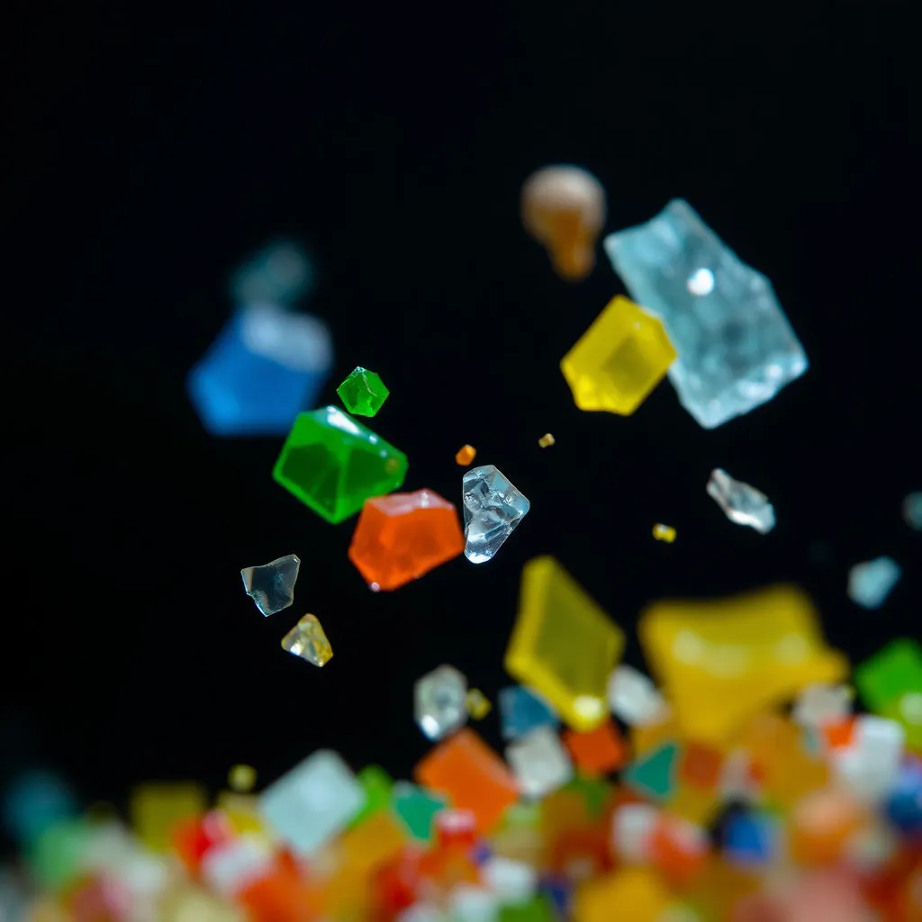 현미경으로 확대된 듯한 모습의 다양한 색상과 형태의 작은 플라스틱 조각들이 어둡고 깊은 배경 속에서 부유하고 있는 모습. 섬세하고 정교한 디테일이 살아있어야 합니다.