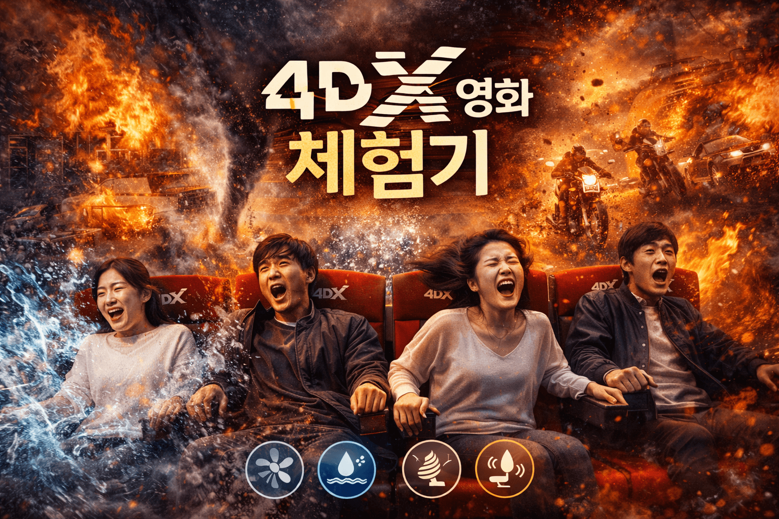 폭발과 물, 바람 효과가 표현된 역동적인 배경 속에서 관객들이 4DX 좌석에 앉아 움직임을 체험하는 장면을 담은 이미지로, 상단에는 &lsquo;4DX영화 체험기&rsquo;라는 제목이 강조되어 있으며 모션, 물, 바람, 향기 효과 아이콘이 함께 배치되어 4DX의 몰입형 상영 특징을 시각적으로 보여준다.