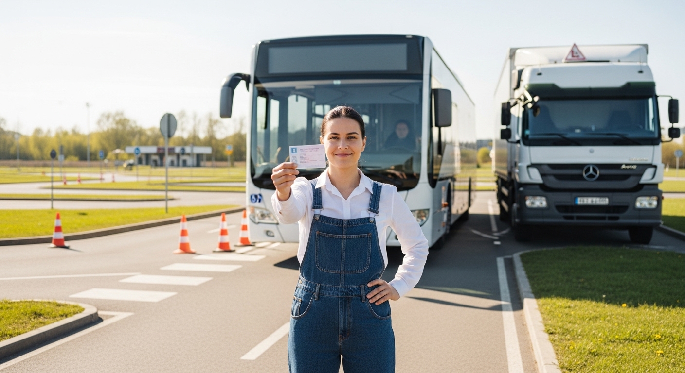 운전면허 시험장에서 큰 버스와 트럭 앞에 자신감 있게 서 있는 사람의 모습. 손에는 면허증으로 보이는 서류를 들고 있으며, 성공적인 대형면허 취득을 암시합니다.