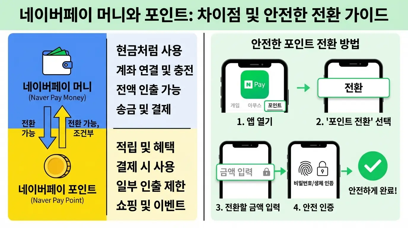 네이버페이 머니와 포인트의 차이점을 설명하고 안전한 포인트 전환 방법을 안내하는 인포그래픽