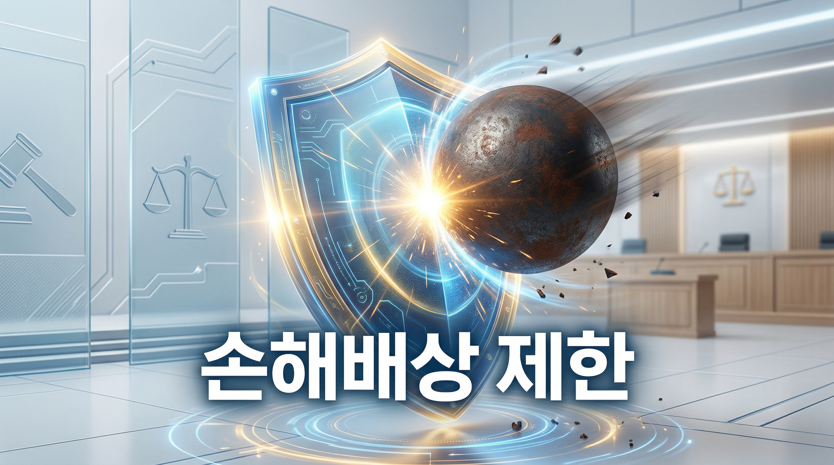 보호 방패가 무거운 쇠구슬을 튕겨내는 배경에 '손해배상 제한'이라는 한글 문구가 중앙에 적힌 16:9 비율의 3D 일러스트