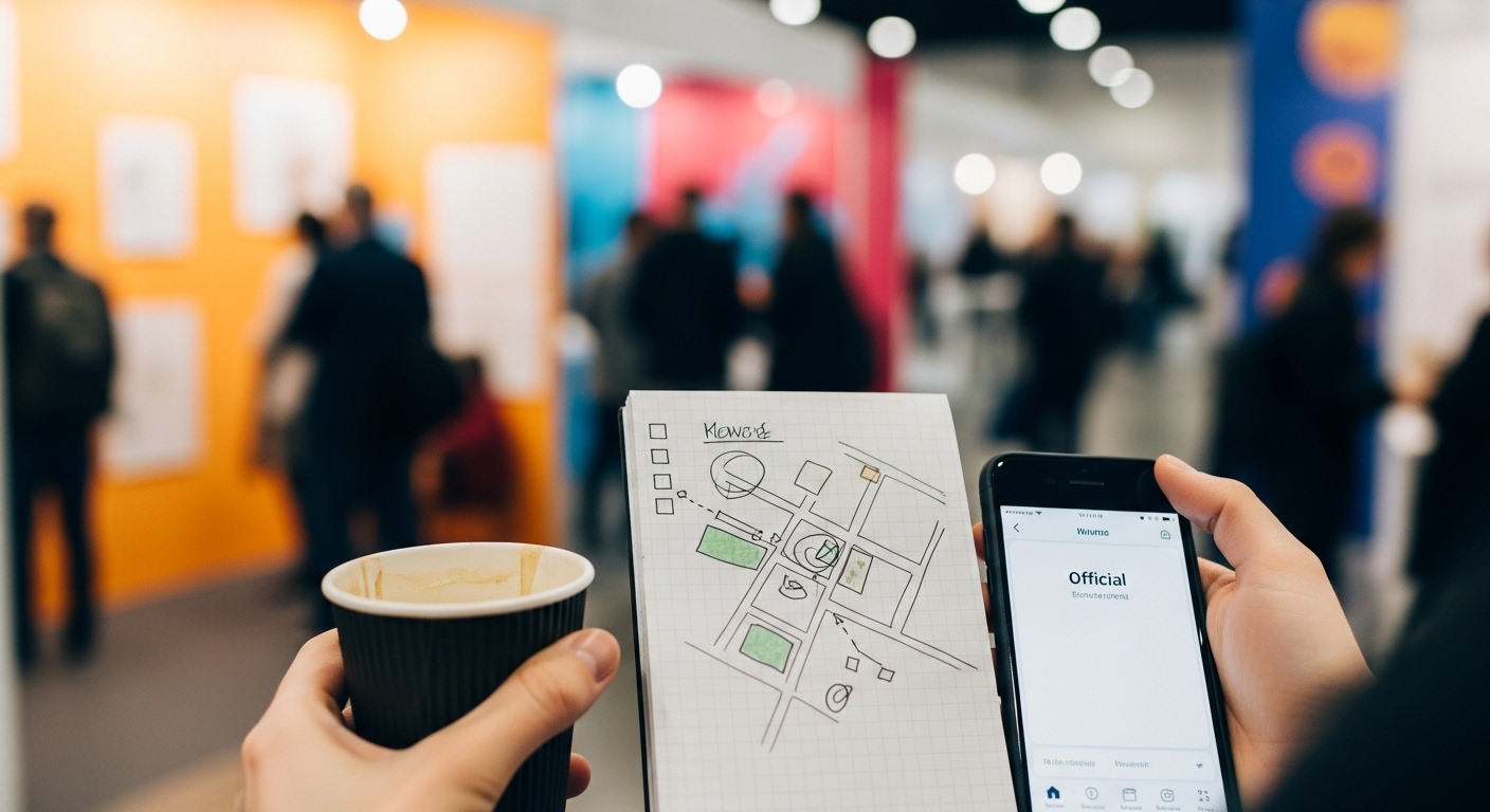 일러스트페어에서 커피를 마시며 부스 배치도를 확인하고 쇼핑 동선을 계획하는 모습