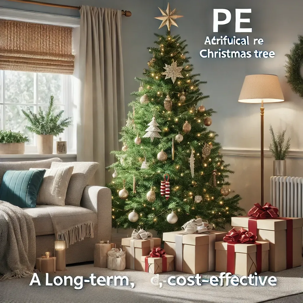 경제적이고 실용적인 장점이 강조된 거실의 PE 인조 크리스마스 트리