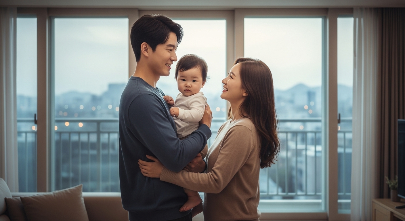 서울 시내 아파트에서 아기와 함께 희망찬 미소를 짓는 젊은 부부의 모습, 서울시 출산가구 주거비 지원 확대를 상징.