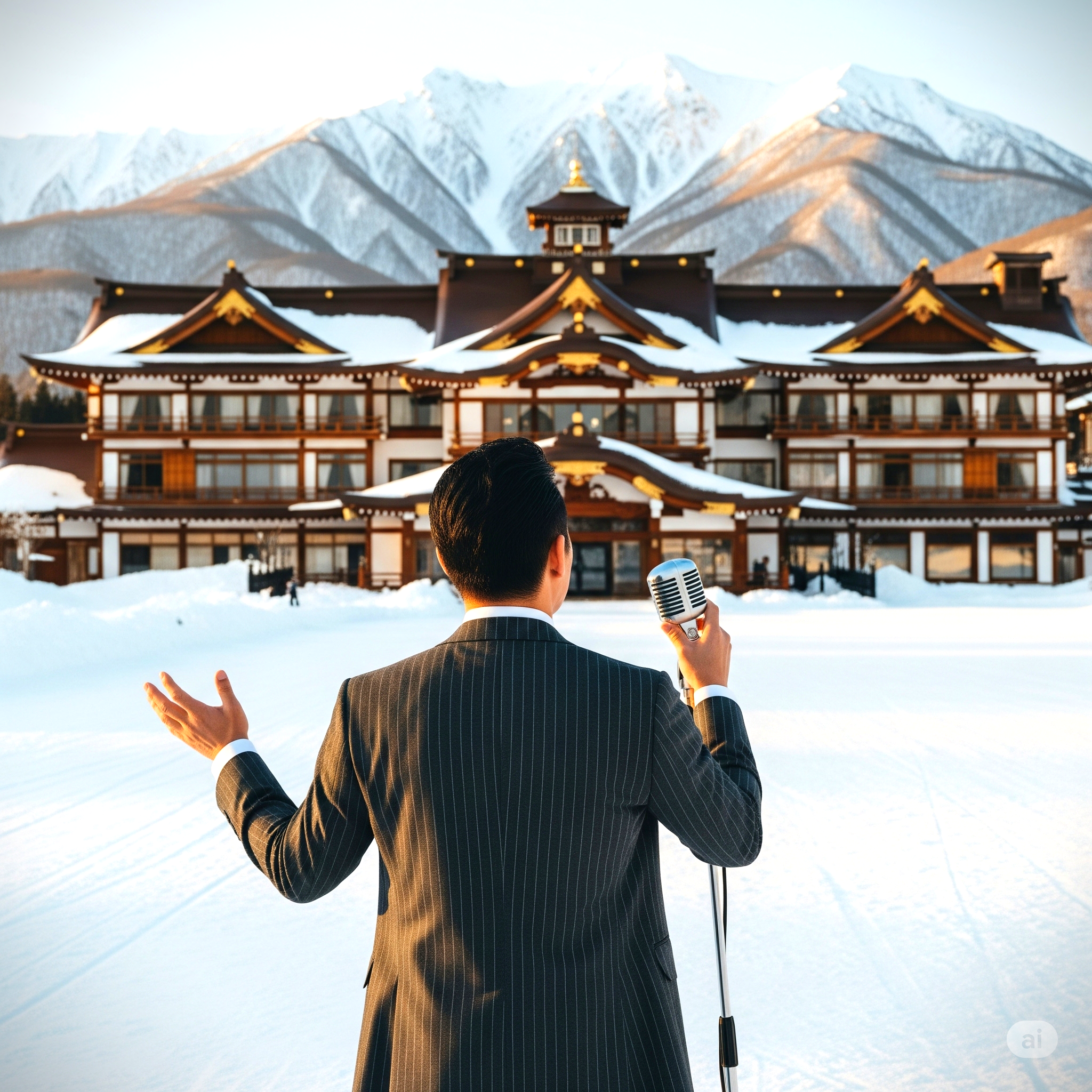 눈 속 숙소를 바라보며 노래하는 남자