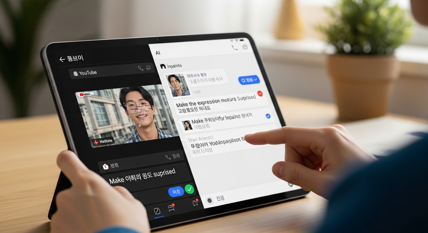 태블릿으로 AI 채팅 인터페이스를 사용하여 썸네일을 수정하는 유저. '표정을 더 놀라게 해줘'라고 입력하는 모습이 보이며, AI가 썸네일 표정을 실시간으로 변경하는 중이다.