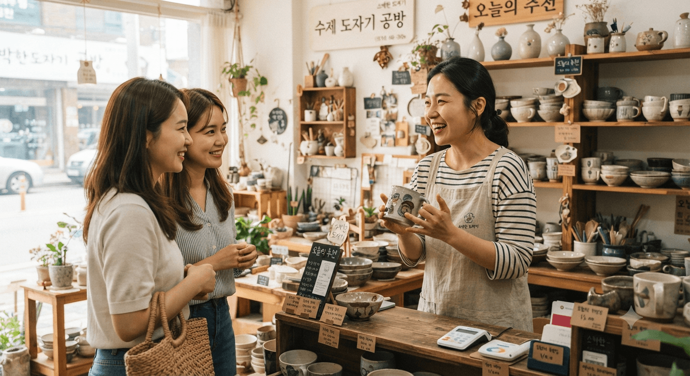 여성 소상공인 대표가 빍은 모습으로 고객에게 상품을 설명하는 장면