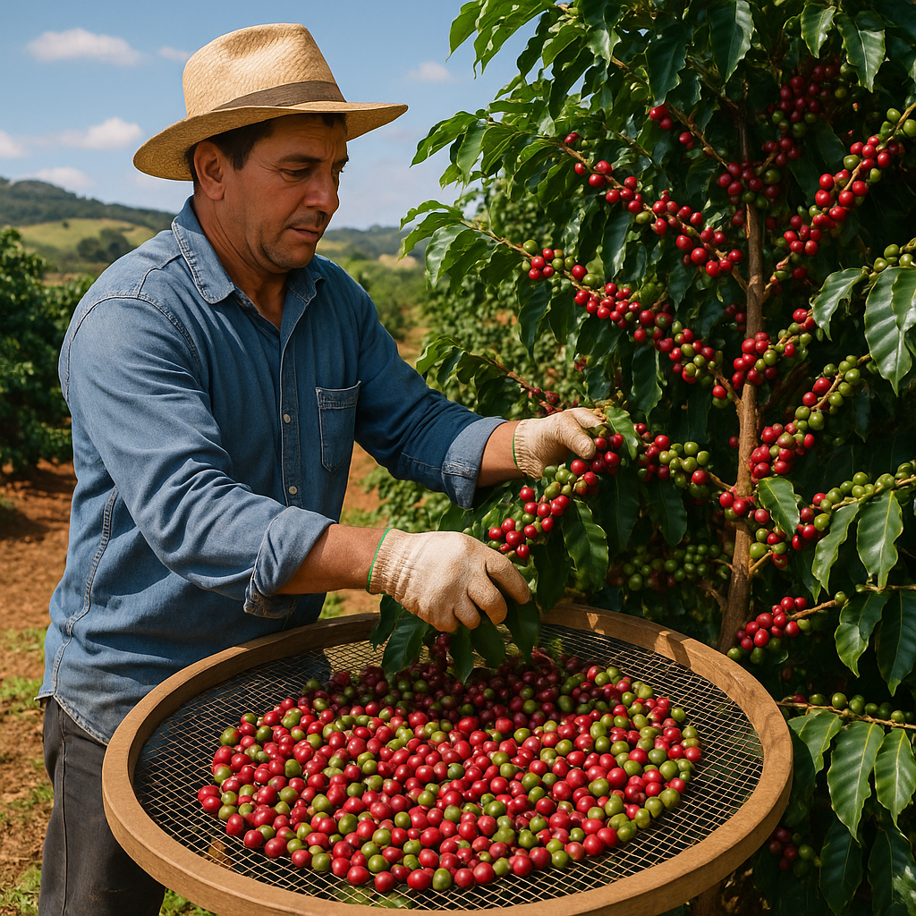 브라질 커피 농장에서 수확 중인 장면
