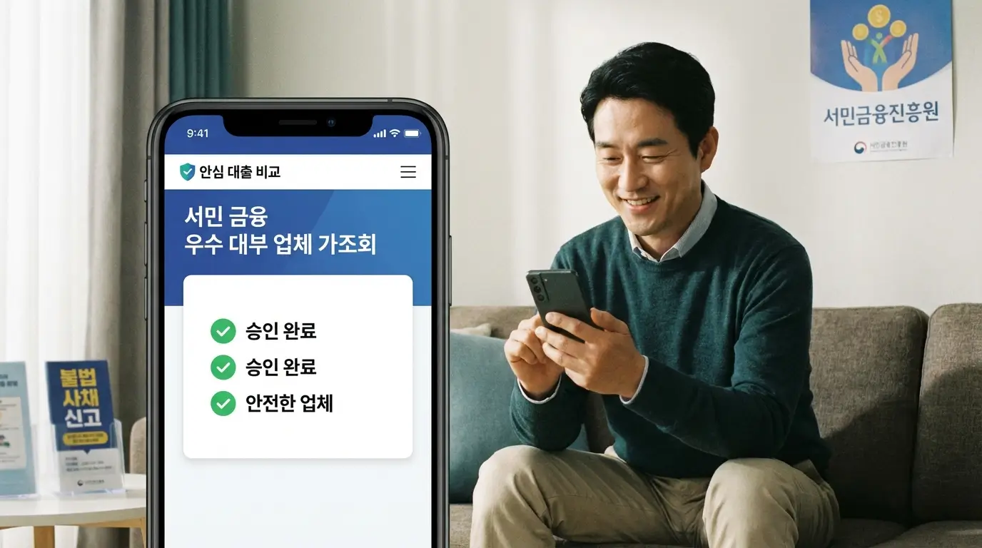 스마트폰 안심 대출 비교 플랫폼을 통해 불법 사채를 피하고 안전하게 서민 금융 우수 대부 업체를 가조회하는 소비자의 모습