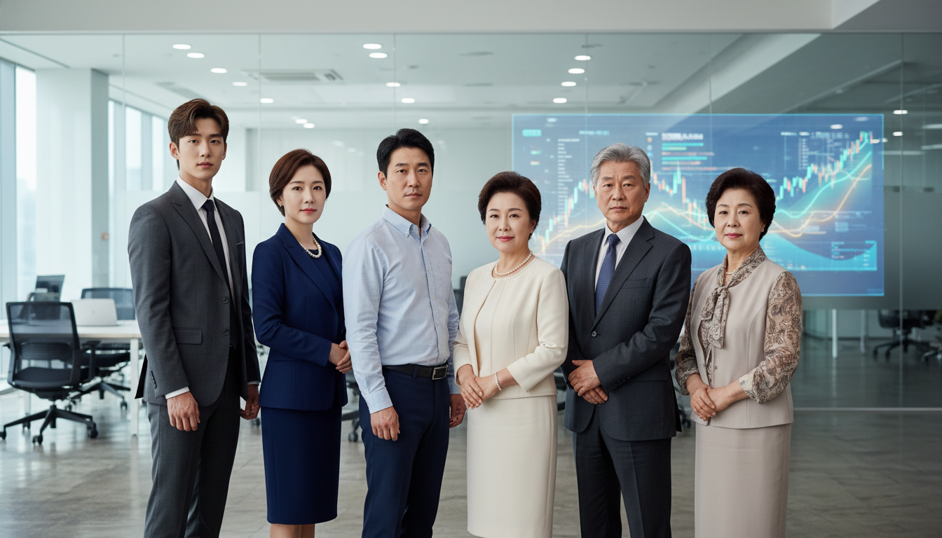 다양한 연령대의 한국인들이 각자의 생애 주기에 맞춰 미래 재정 계획을 세우며 자신감 있는 모습으로 서 있는 이미지.