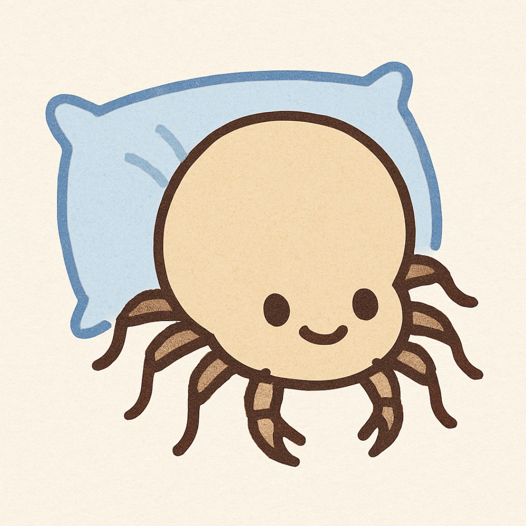 집먼지진드기를 베개 위에 귀엽게 표현한 이미지, 알레르기 유발 진드기 설명용