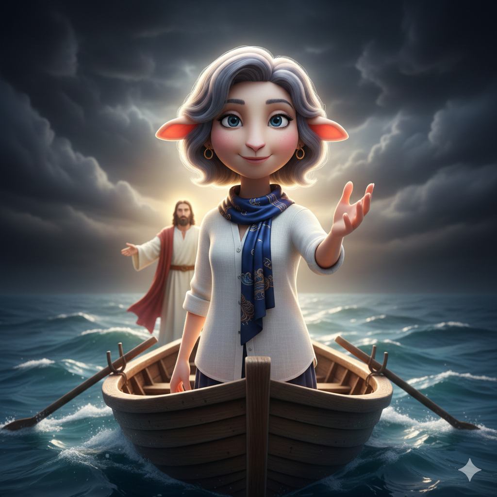 풍랑이 이는 바다 위 배 안에서 평온한 미소를 지으며 평화를 선포하는 단발머리 양 선생님 캐릭터