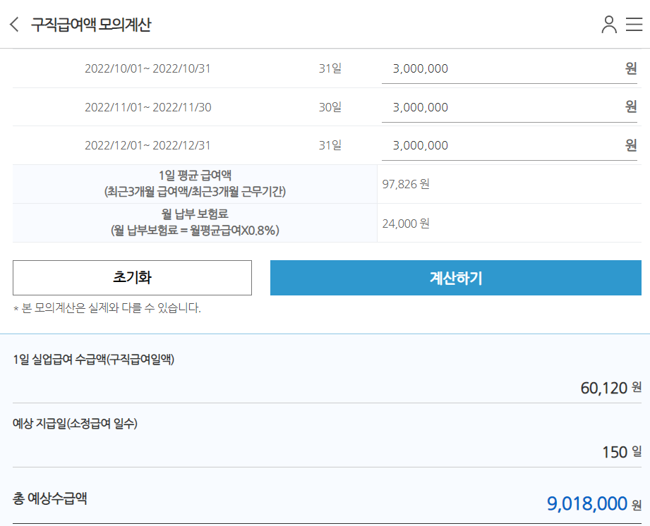 실업급여 조건 모의계산