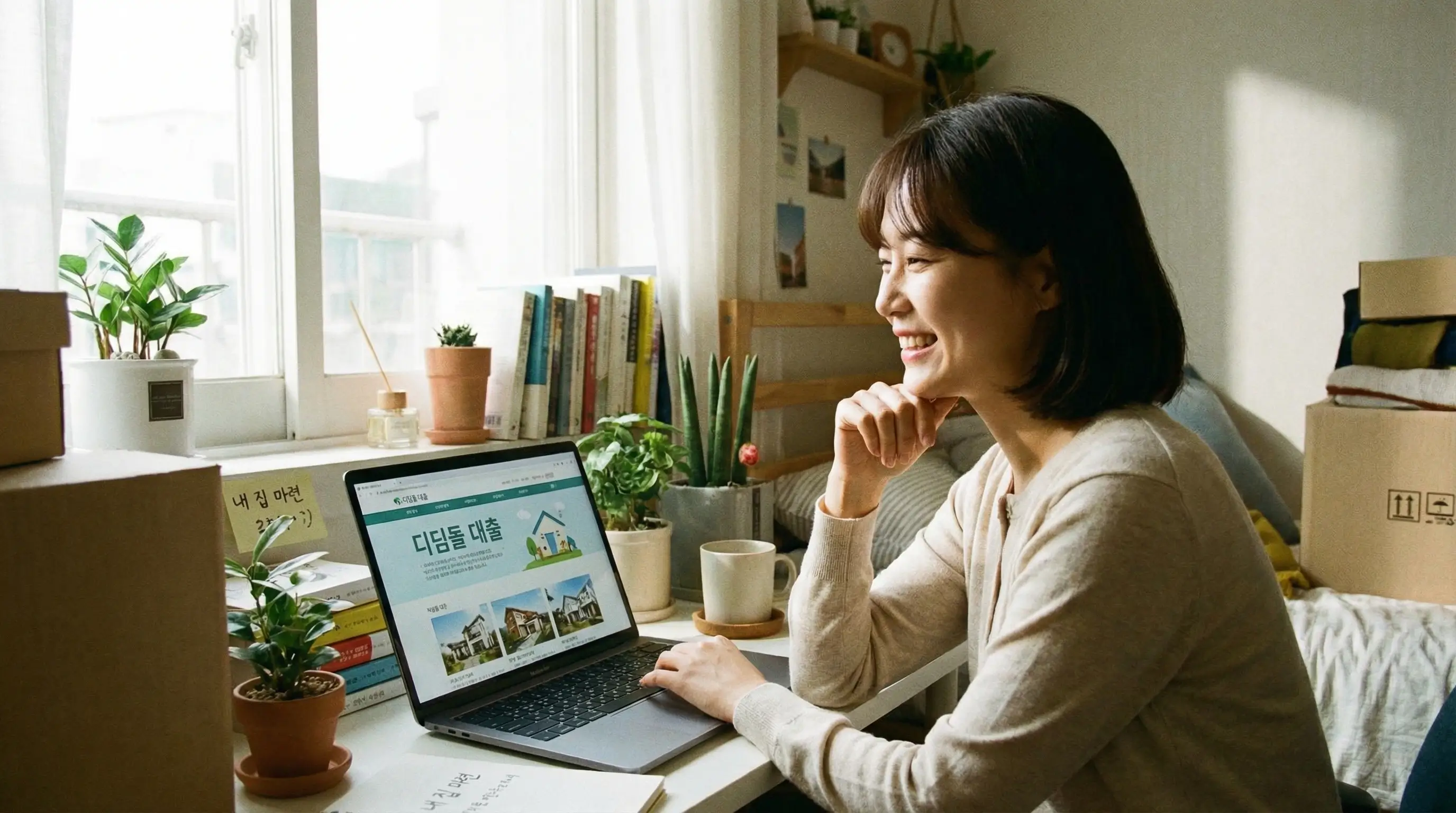 좁은 원룸을 벗어나 내 집 마련을 꿈꾸며 디딤돌 대출 조건을 확인하는 1인 가구의 희망찬 모습