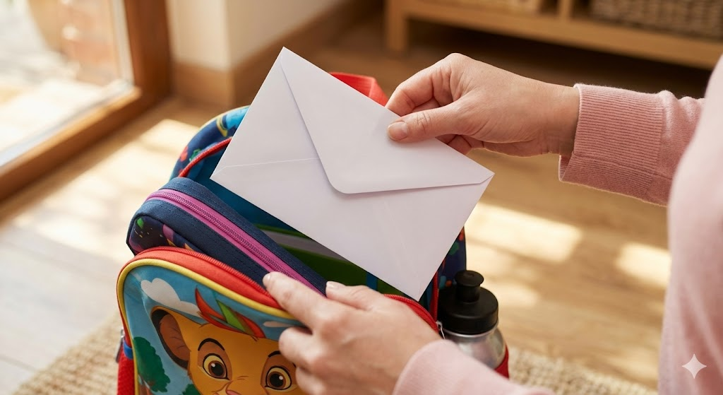 기초조사서를 작성한 후 봉투에 담아 아이의 가방에 넣어주는 정성스러운 손길 이미지