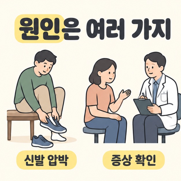 원인은 여러 가지 제목 아래 신발을 벗는 사람과 의료진에게 증상을 설명하는 환자를 신발 압박과 증상 확인으로 구분한 그림
