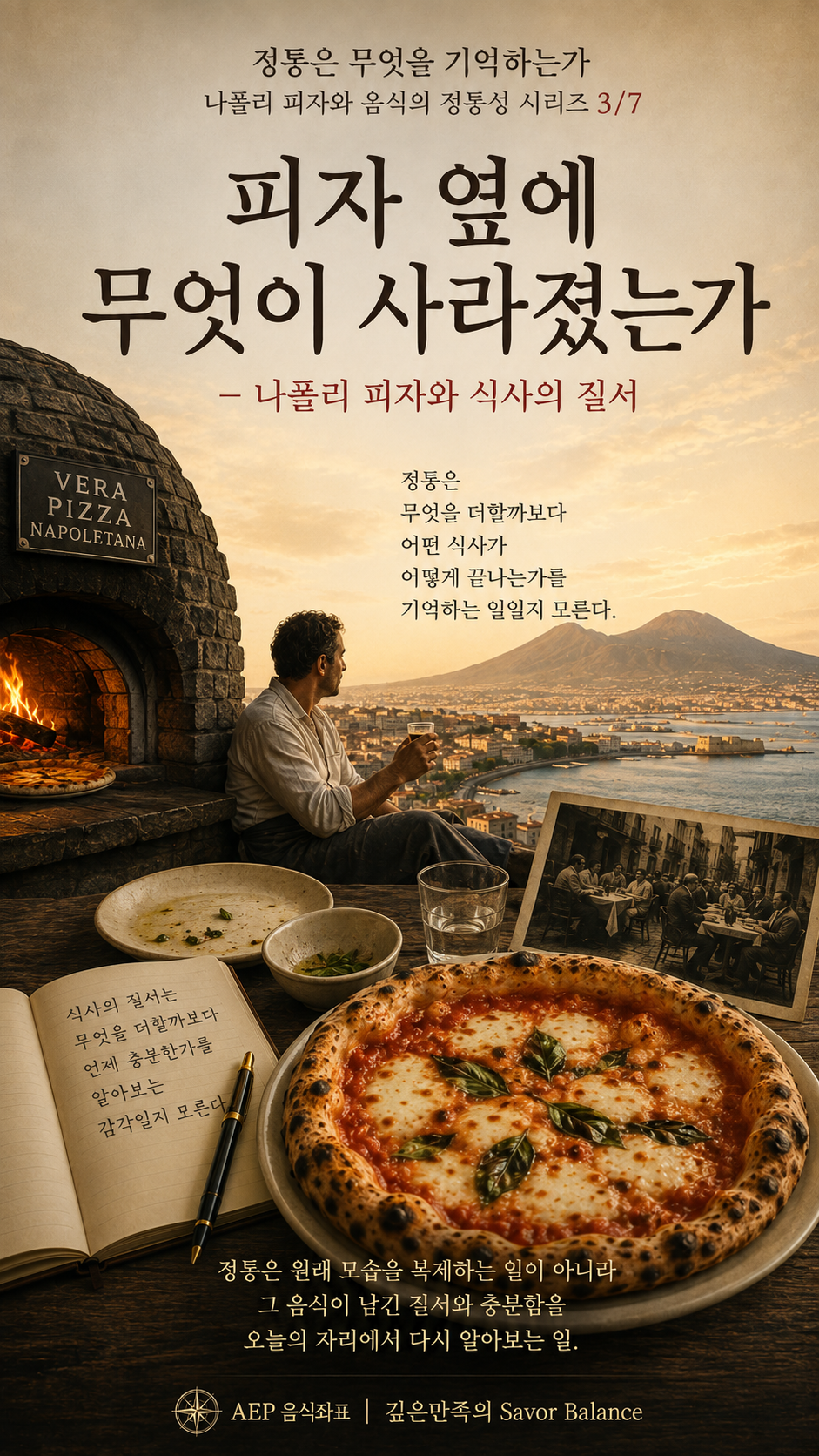 A vertical editorial poster for Part 3 of the &ldquo;What Does Tradition Remember?&rdquo; series, set in Naples at sunset with Mount Vesuvius, a wood-fired oven, a man resting after a meal, empty dishes, an archival communal-dining photograph, an open notebook, and a Margherita pizza. The image explores what may have disappeared beside pizza&mdash;not a particular side dish, but the sense of enoughness and the natural order that allows a meal to end.
