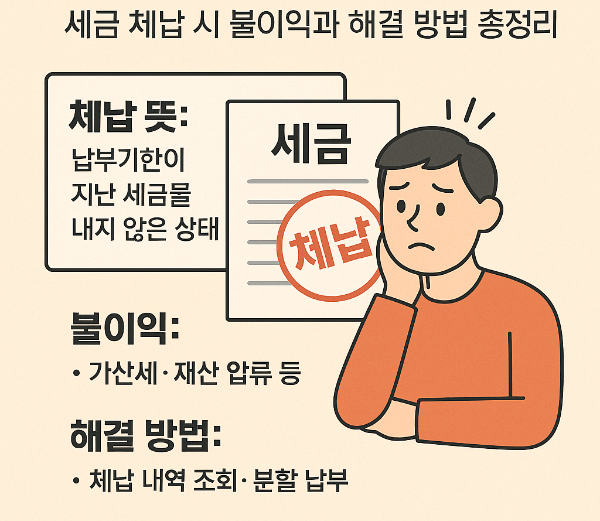 체납의 정의와 불이익, 해결 방법을 요약한 인포그래픽