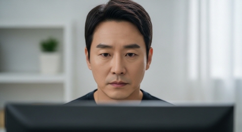 중년 남성이 무표정으로 드라마를 시청하는 모습