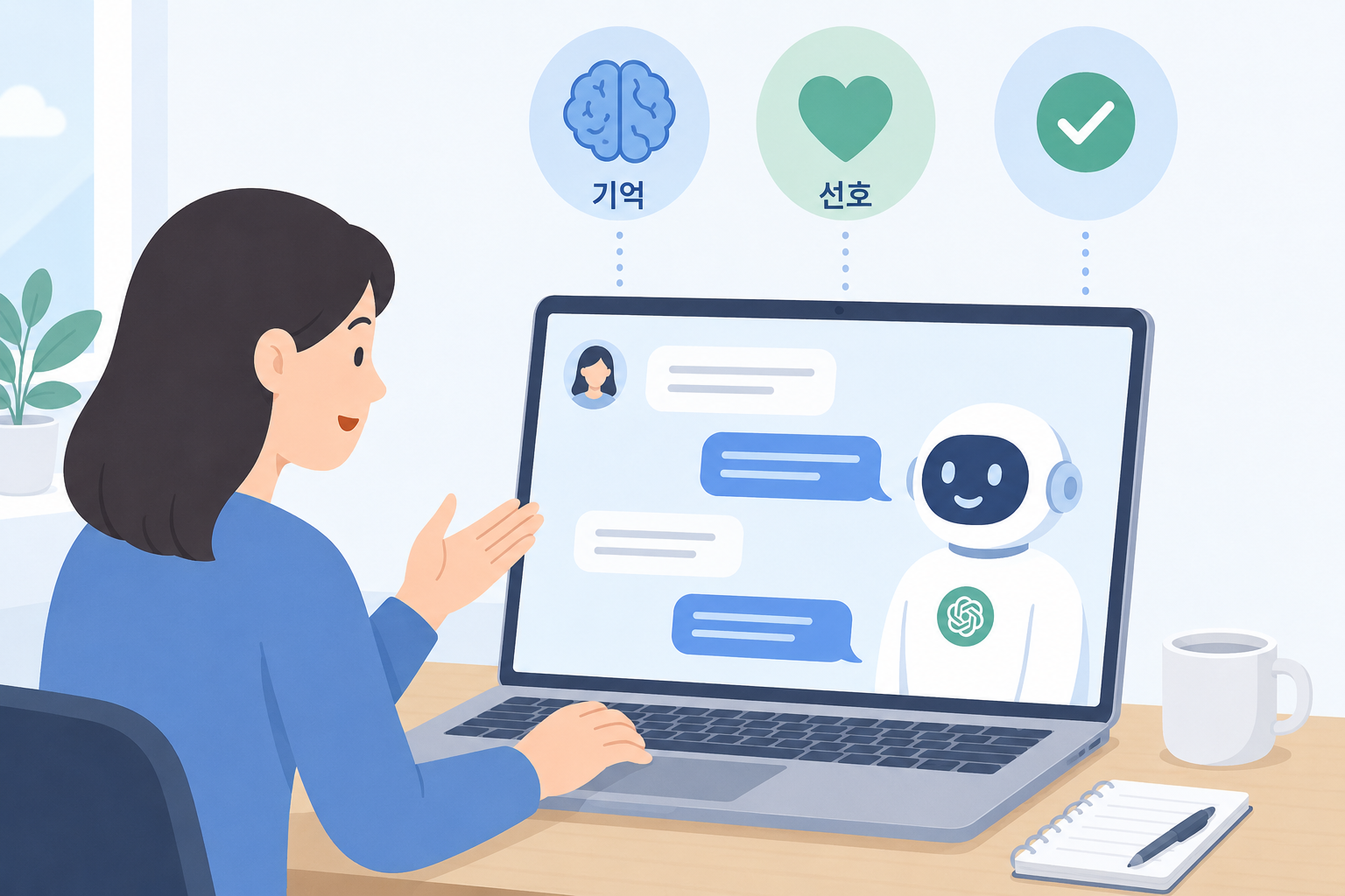 사람과 챗GPT가 대화하며 선호와 정보를 기억하는 모습을 표현한 일러스트