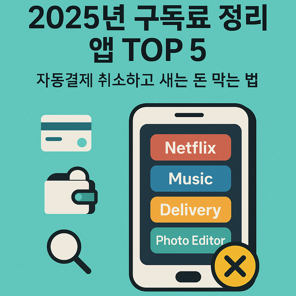 디지털 구독료를 관리하는 모바일 앱 화면이 정리된 그래픽. 스마트폰에 다양한 앱 아이콘이 보이며, 자동결제 탐지, 해지 버튼, 소비 분석 차트가 시각적으로 표현되어 있다. 배경은 간결한 파스텔톤이며, 금전 절약과 구독료 정리를 상징하는 아이콘들이 함께 배치되어 있음.