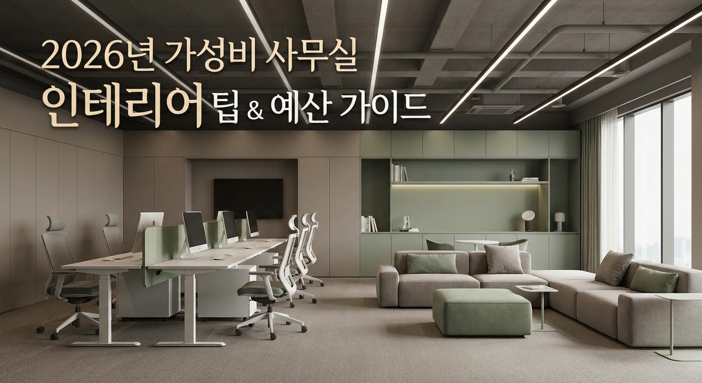 2026년 가성비 사무실 인테리어 팁 및 예산 가이드 썸네일. 웜그레이와 세이지 그린 컬러, 노출 천장 라인 조명, 모션 데스크와 라운지가 결합된 하이브리드 오피스 디자인 전경