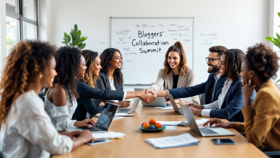블로거들이 모여 네트워킹하며 협업하는 장면