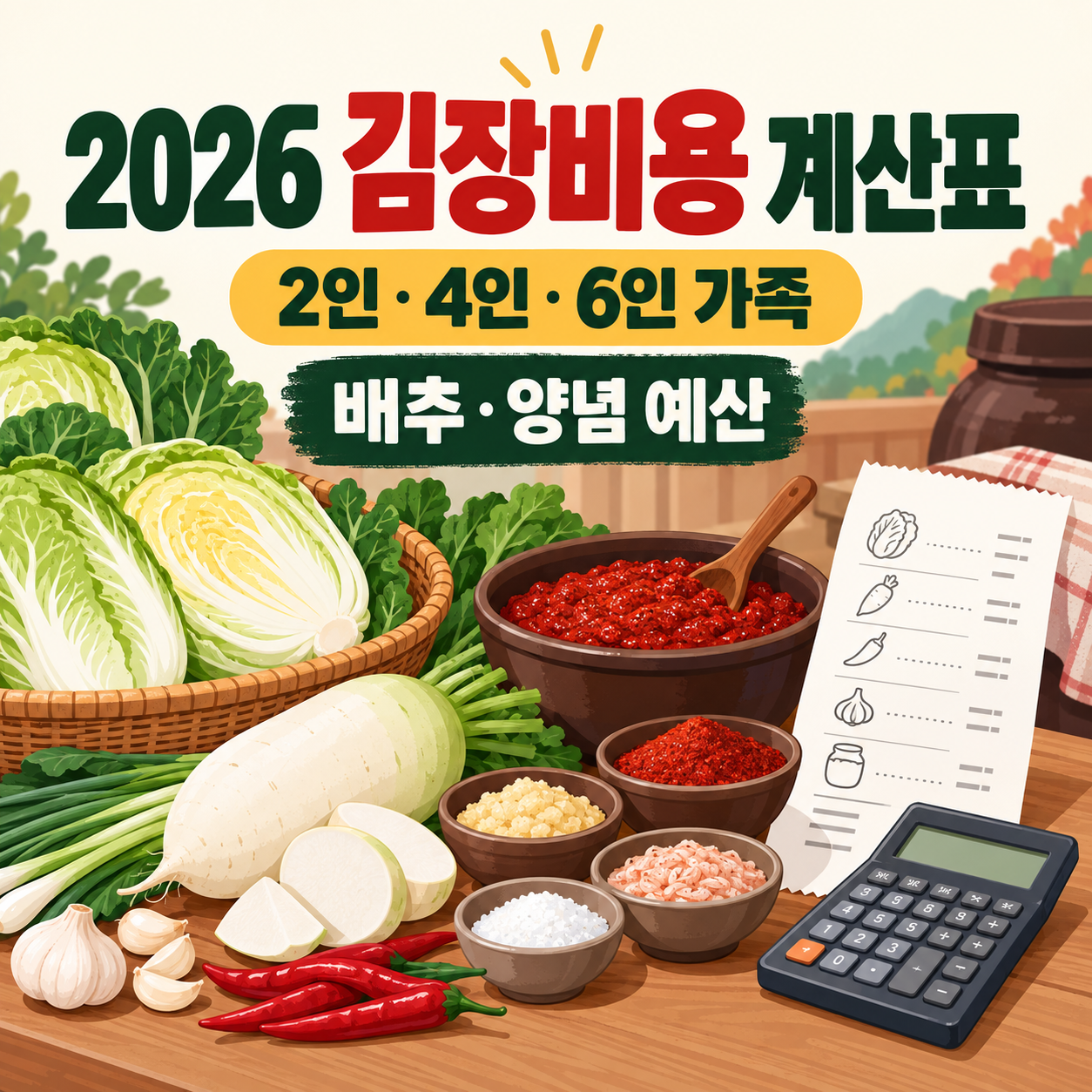 2026 김장비용 계산표 - 2인·4인·6인 가족 배추·양념 예산 비교