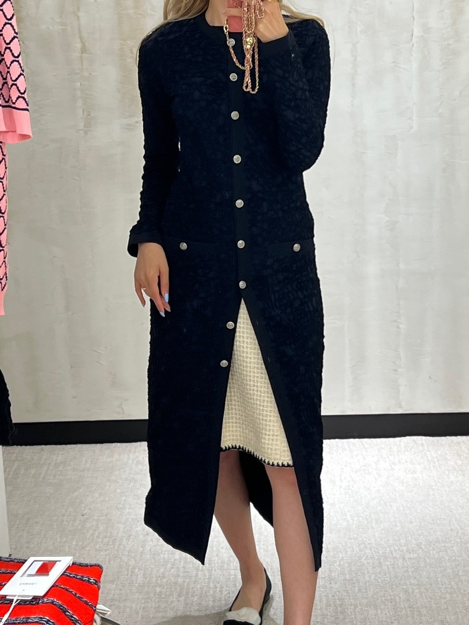 샤넬 까멜리아 패턴 롱 가디건 블루마린 P70318 L10002010