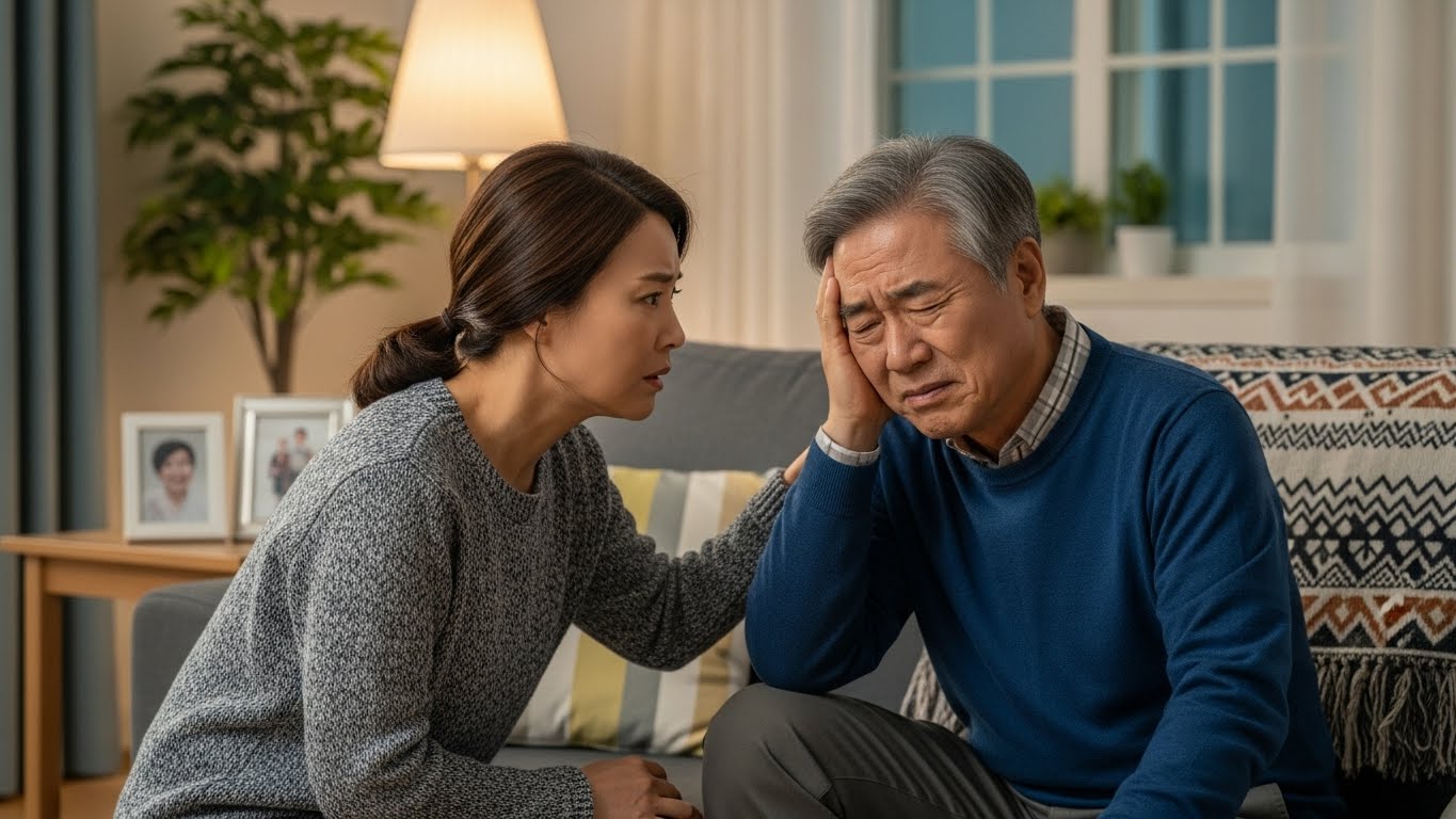 집에서 뇌졸중 전조증상이 의심되는 아버지를 걱정스럽게 살피는 딸의 모습