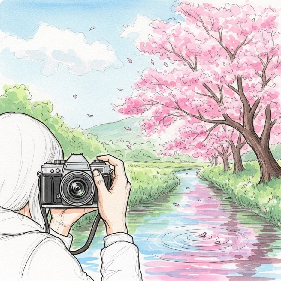 벚꽃을 배경으로 사진을 찍으며 즐거워하는 모습
