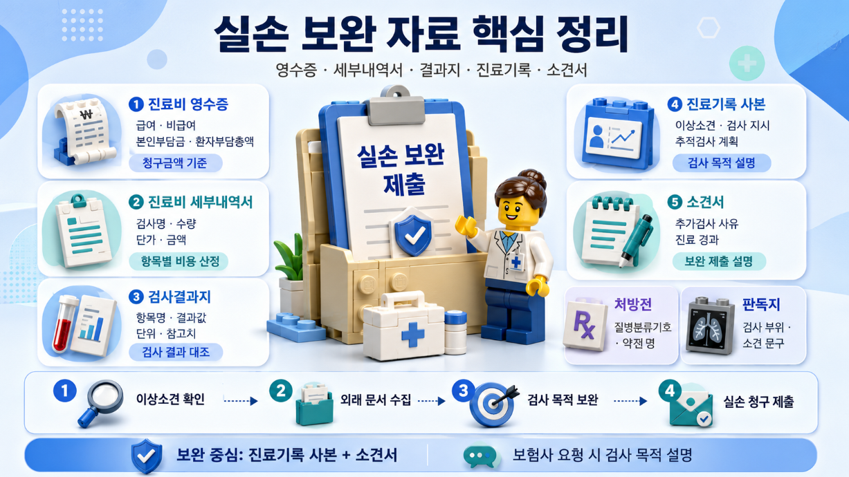 실손 보완 제출에 필요한 영수증, 세부내역서, 검사결과지, 진료기록, 소견서를 정리한 레고 스타일 인포그래픽