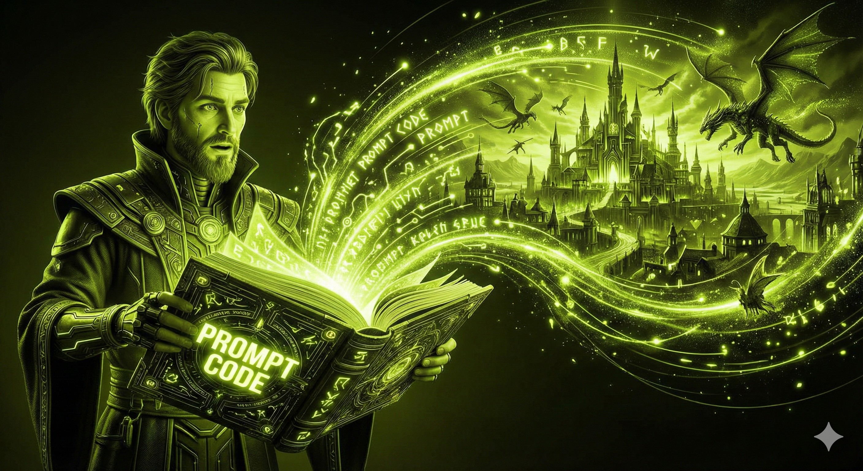 정확한 프롬프트 입력이 고퀄리티 AI 이미지를 만들어낸다는 것을 마법 주문에 비유한 3D 일러스트