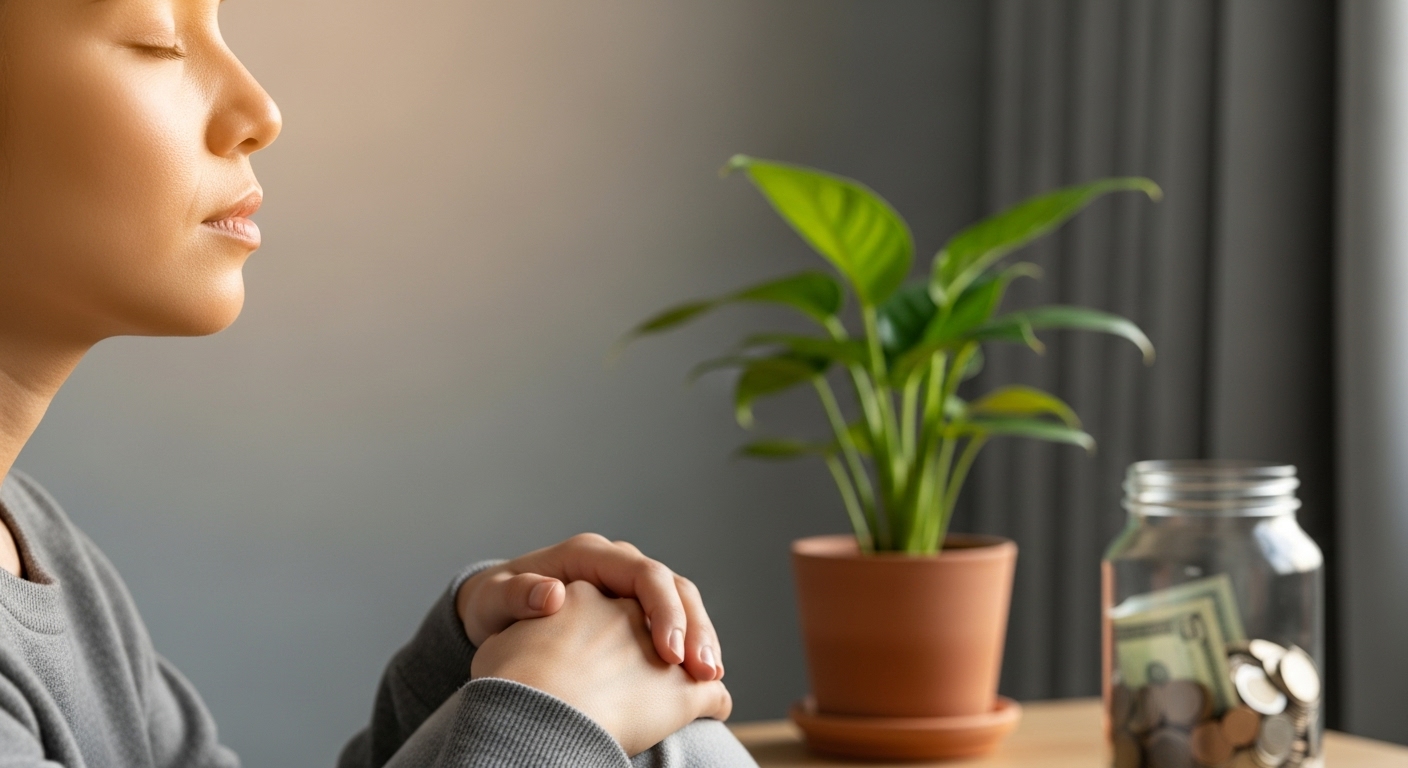 재정 계획 중 평온하게 심호흡하며 마음의 안정을 찾는 사람. 간결한 배경에 저축 용기가 희미하게 보인다.