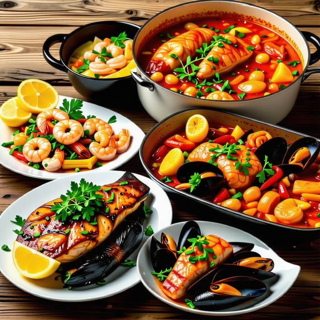 수산물을 활용한 요리 레시피 이미지 (예: 해물찜, 생선구이, 매운탕 등)