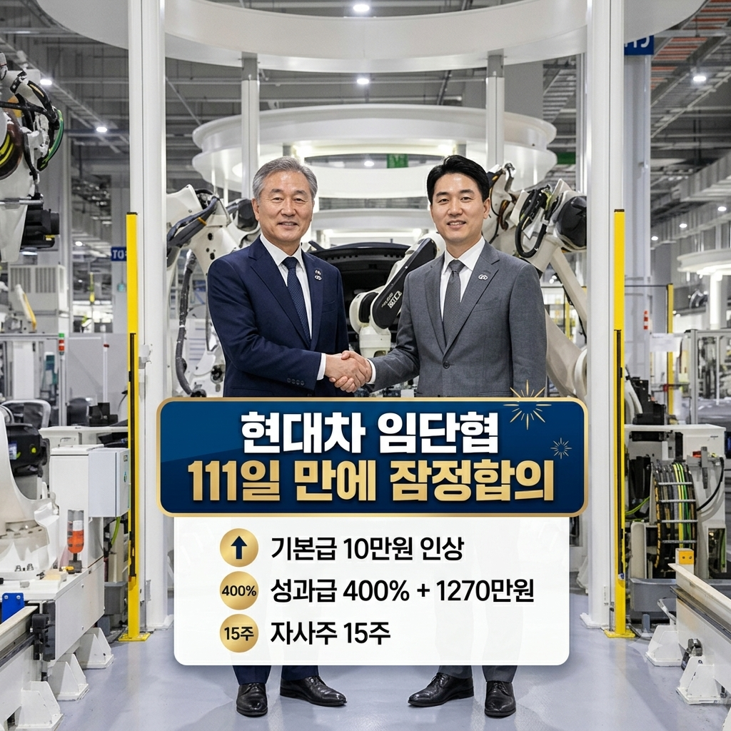 현대자동차 울산공장 생산라인에서 깔끔한 작업복을 입고 환하게 웃으며 걸어가는 한국인 기술직 근로자들과 자동차 생산 설비 전경