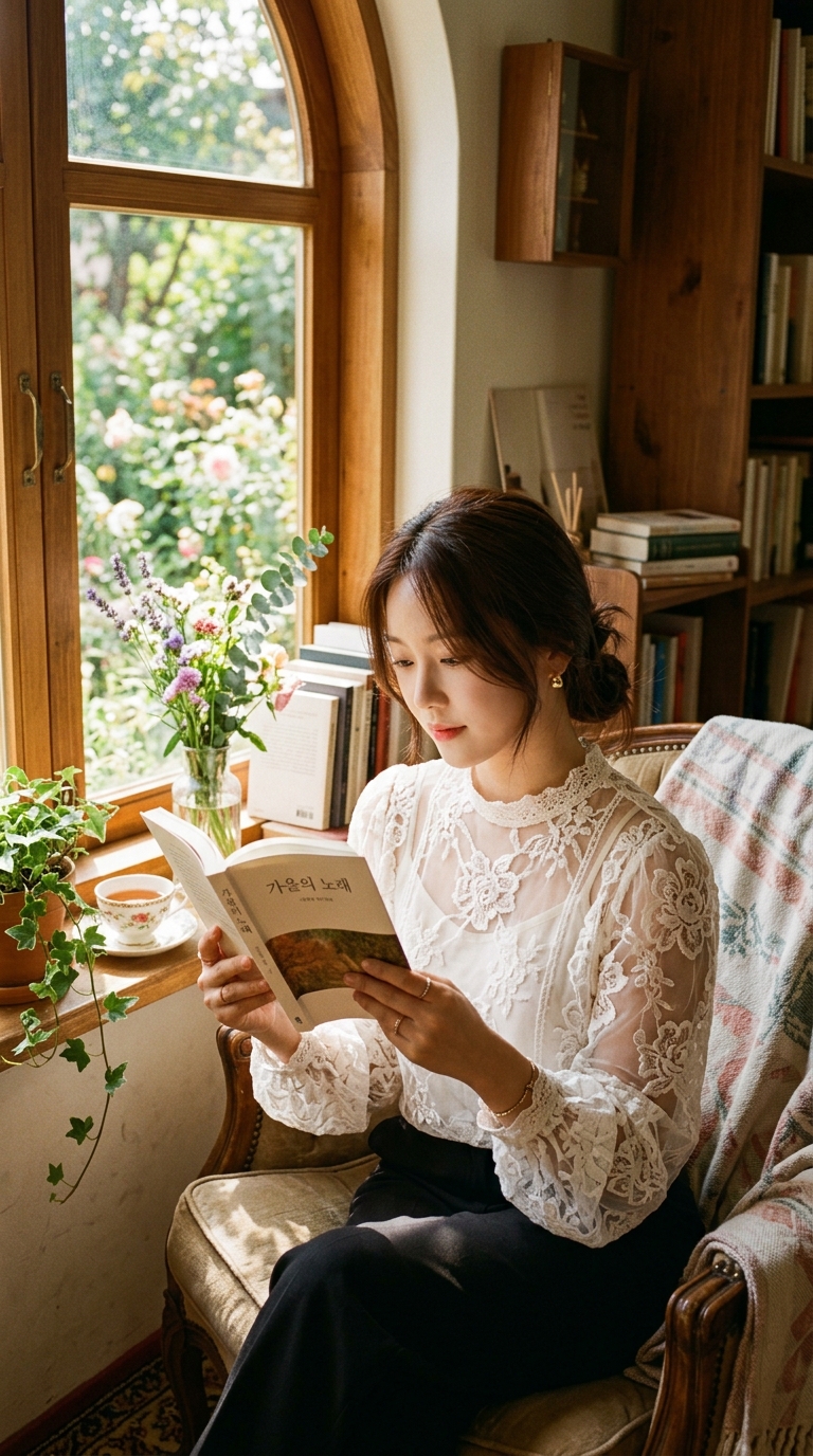햇살 비치는 창가에서 레이스 디테일이 돋보이는 화이트 블라우스를 입고 책을 읽는 로맨틱한 분위기의 여성 이미지