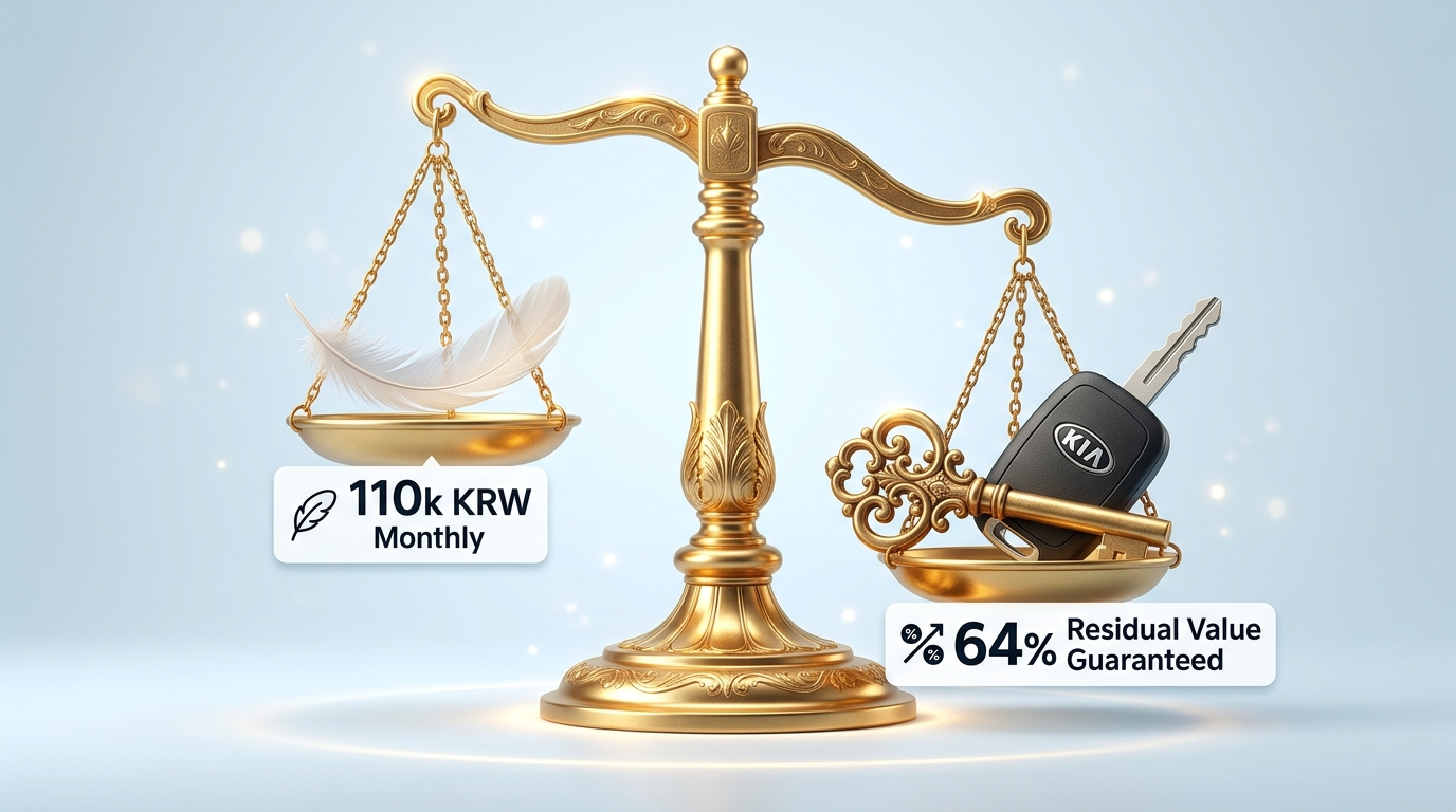 금융 치트키 - 거대한 저울의 한쪽에는 '월 11만 원'이라는 가벼운 깃털이, 다른 쪽에는 더 뉴 니로 자동차 열쇠와 '3년 후 잔가 64% 보장'이라는 묵직한 황금 열쇠가 놓여 있어 파격적인 금융 혜택을 시각화한 3D 일러스트