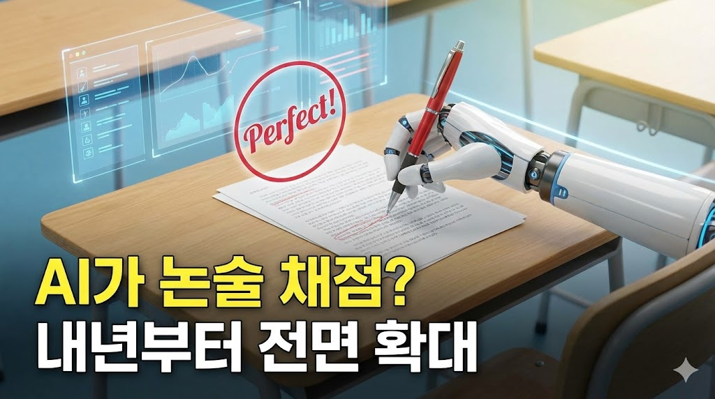 학생의 논술 답안지를 채점하고 있는 AI 로봇 팔 일러스트